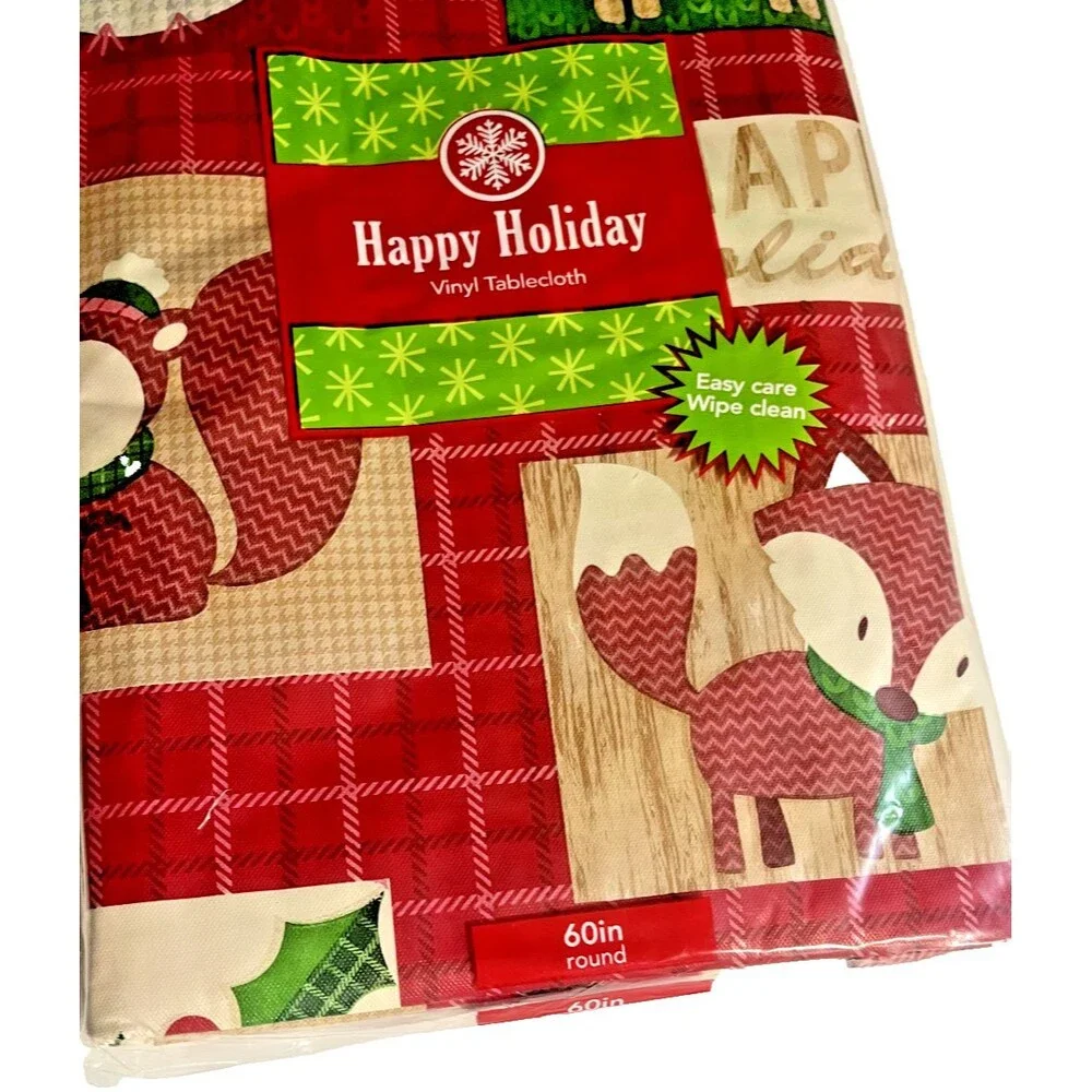 Christmas Fox Deer Squirrel Owl Vinyl Tablecloth Flannel Backed Holiday 60